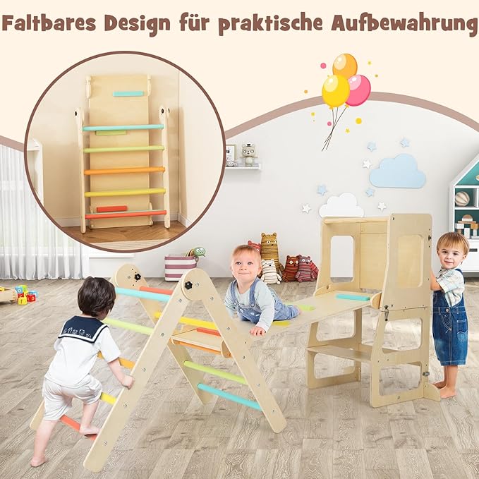 COSTWAY Climbing Triangle with Slide, 7-in-1 Indoor Climbing Frame for Children from 3 Years, Includes Climbing Triangle Foldable & Height Adjustable, Reversible Ramp, Step Stool Convertable,