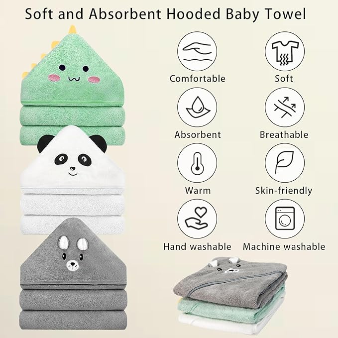 12 PCS Hooded Baby Towel Set, 32x32 Inch Absorbent Baby Bath Towels, 3 PCS Soft Hooded Towels & 9 PCS Washcloths, Ideal for Newborns, Toddlers, and Babies – Baby Bath Essentials (Green + Gray + White)