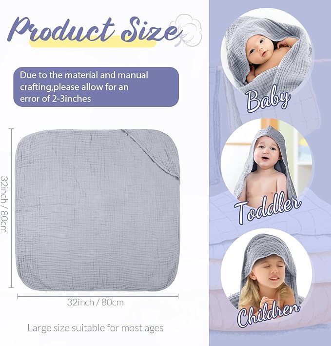 VitalCozy 6 Pcs Baby Muslin Hooded Bath Towels and Washcloths Muslin Cotton Hooded Baby Towels Absorbent Blankets for Gift Newborn Infant Shower (32 x 32 Inch,Sage Green,Grey)