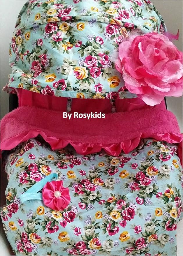 Rosy Kids Infant Carseat Canopy Cover 4pc Whole Caboodle, Baby Car Seat Cover Baby Blanket Outdoor Kit, Turquoise Blue Ground Rose Print