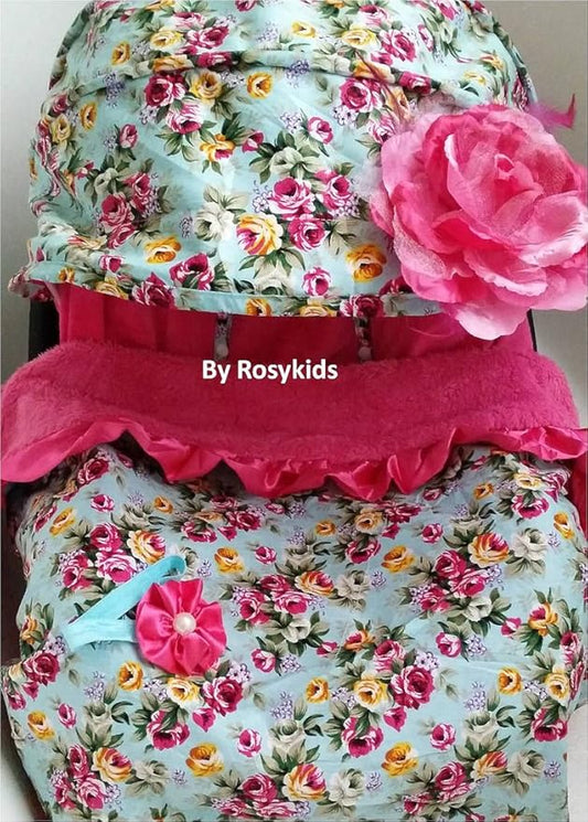 Rosy Kids Infant Carseat Canopy Cover 4pc Whole Caboodle, Baby Car Seat Cover Baby Blanket Outdoor Kit, Turquoise Blue Ground Rose Print