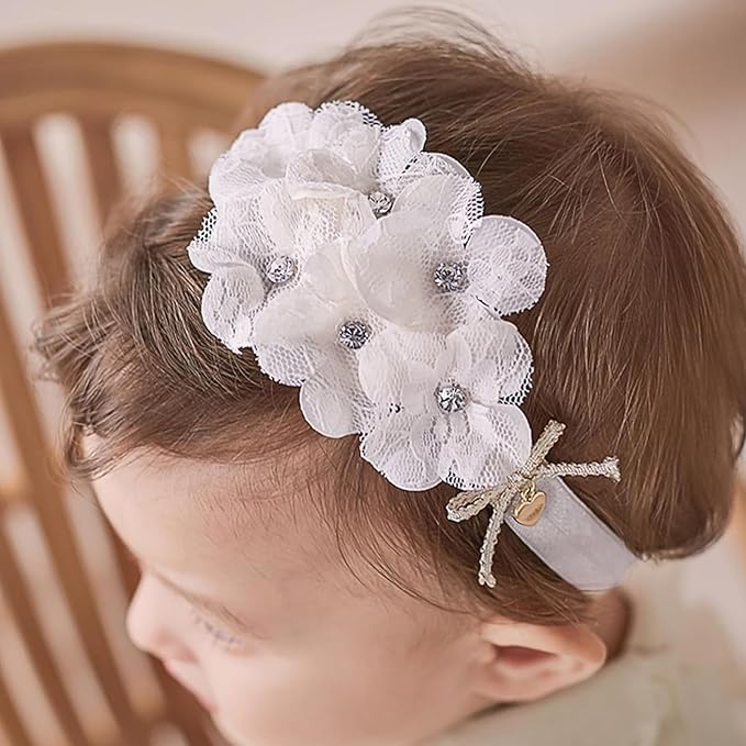 Baby Girls Hairband White Bow Lace Headbands Handmade Soft Stretchy Wide Head Band Newborn Hairbands with Bows Pearls Elastic Headband for Infant Hair Accessories（White Lace Flower）