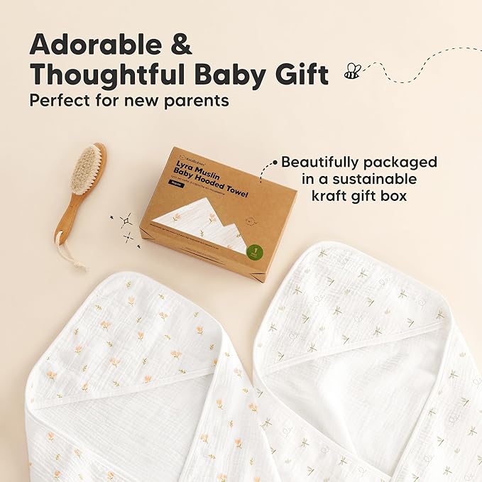 KeaBabies Muslin Baby Bath Towels with Hood for Girls, Boys -Large Organic Cotton Hooded Baby Towels for Newborns,Toddlers,Infant,Kids,Soft Absorbent Newborn Bath Essentials Gift Set(Tulips, Regular)