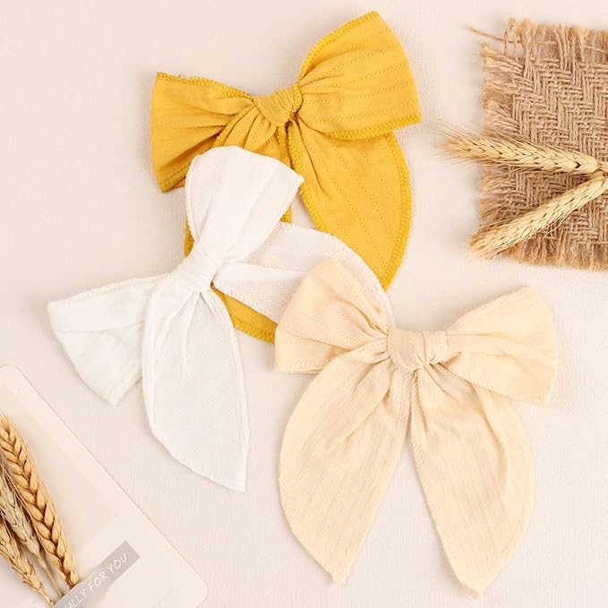 TOKUFAGU 7 Count 6 Inch Hair Clip Bows, Large Cotton Hair Accessories for Girls Toddlers Kids