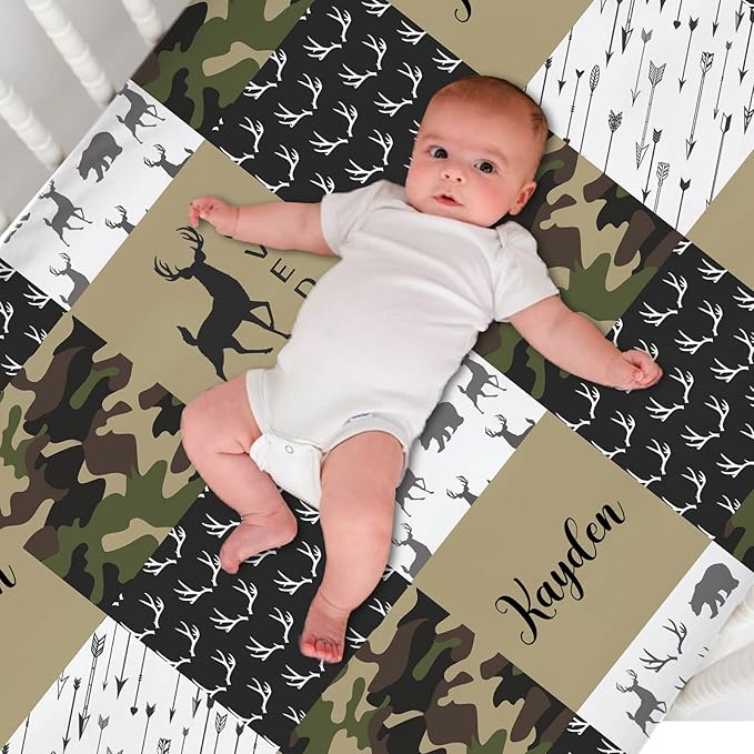 Personalized Pack and Play Sheets with Name, Custom Name Baby Mini Crib Sheets for Baby Boys Girls, Name Pack n Play, Fitted Sheet with Name, Soft and Breathable Material (Woodland Deer Green)
