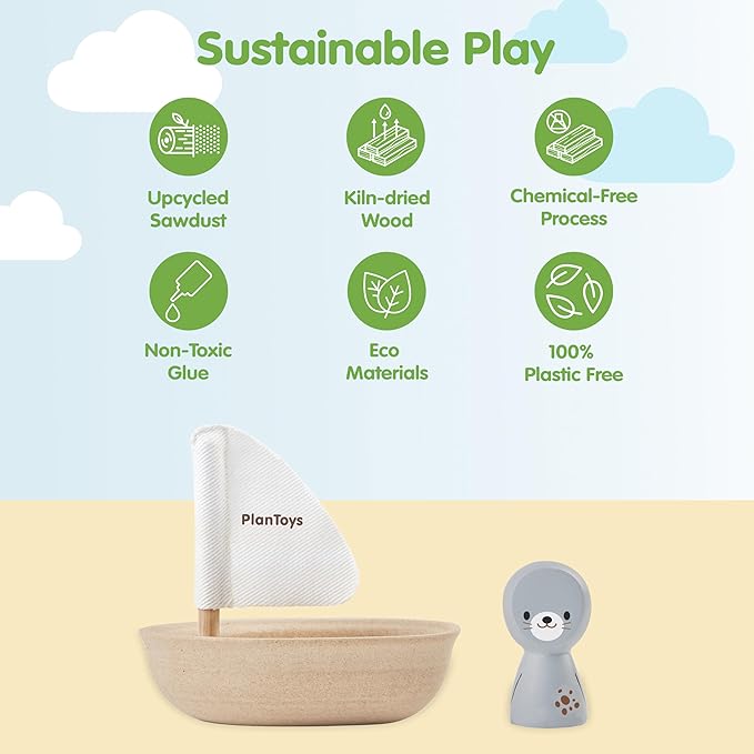 PlanToys® Wooden Sailing Boat Toy with Seal | Bath Time Water Toy for Floating Play, Imagination & Gentle Sensory Exploration | Eco Friendly Toy for Bath and Water Play