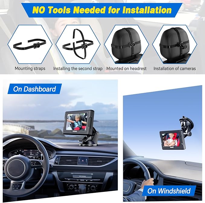 FEISIKE Baby Car Camera, 4.3'' Back Seat Baby Car Camera Mirror for Crystal Infrared Night Vision, 360° Rotation & 149° Wide View, 3 Mins Easy Installation