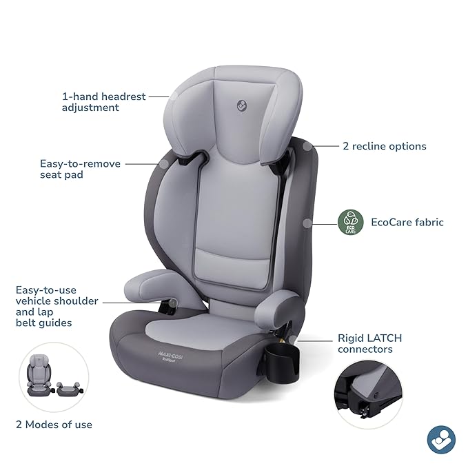 Maxi-Cosi RodiSport Kids Booster Car Seat, High-Back, Backless Booster, 7-Position Headrest, Easy Latch System, Reclining Chair, Belt Guide, Fits 40-100 lbs, 43.4-57 in, Sea Salt