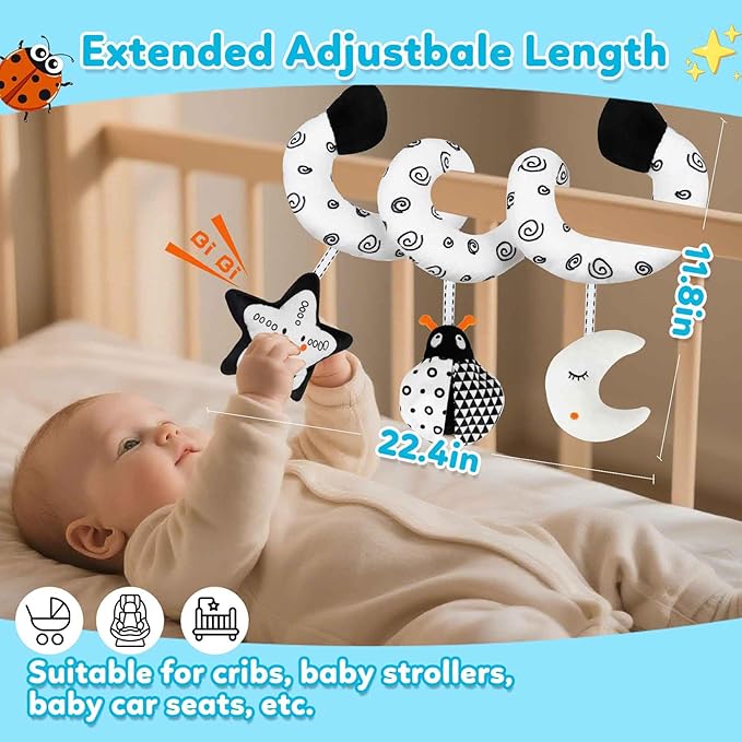 kizh Baby Hanging Stroller and Car Seat Toys High Contrast Baby Toys for Newborn Black and White Sensory Plush Activity Toy for Babies 0-6 Months-Bug