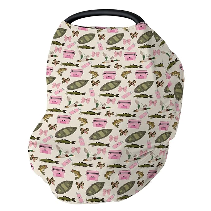 Pink Fishing Hunting Girly Baby Car Seat Covers Boats Bass Fish Duck Bows Stretchy 5-in-1 Cover Adjustable Car Canopy Cover Summer Lake Country Fishing Breathable Nursing Cover-Up