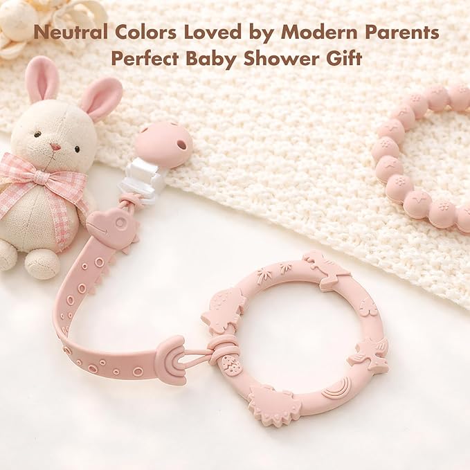 Pacifier Clips for Baby Boys Girls, One-Piece Silicone Pacifier Holder Strap 4 Pack, Binky Paci Clips Animal Rainbow Design, Lightweight Break-Resistant, Dishwasher Safe-Ivory+Baby Blue