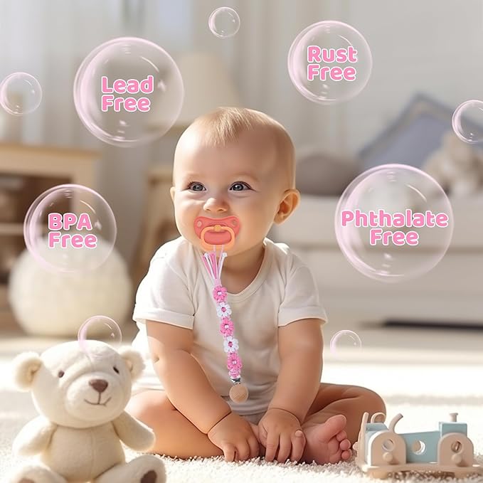 Pacifier Clip for Boys Girls Floral Daisy Macrame Baby Paci Clip Pacifier Holder Leash Boho Wooden Clips Handmade Braided Cotton Binky Clips (2pack:Pink Daisy × 2)
