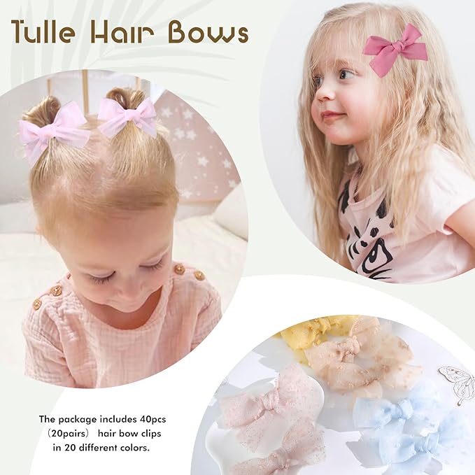 40Pcs Tulle Hair Bows Clips for Girls, Oaoleer Toddler Pigtail Bows Ponytail Hair Barrettes Accessories for Infant Toddlers Kids in Pairs