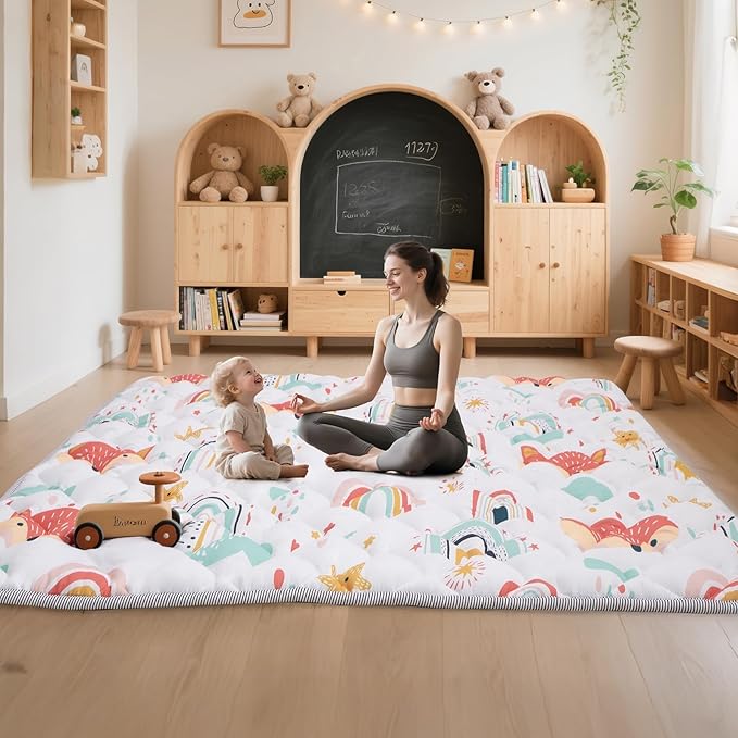 Baby Play Mat for Floor,71x59 Inch Soft Padding Crawling Mat for Playpen, Foldable and Machine Washable, Thick for Babies & Toddlers,Rainbow Fox