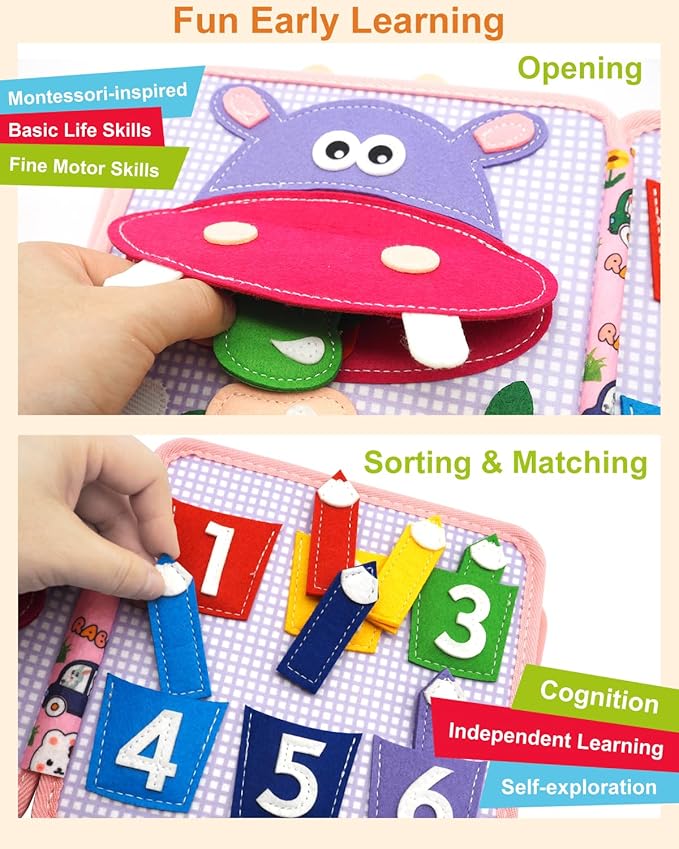 Busy Book for Toddlers 1-3, Montessori Toys for 1 Year Old, Baby Activity Quiet Books, Kids Travel Toys, Busy Board for Toddlers 3-5, Educational Learning Gifts for Boys Girls, Felt Animals Sensory