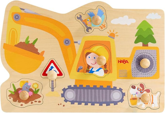 HABA Construction Site Gripping Puzzle - First Wooden Puzzle with Big Buttons - Recognize Excavator & Shovel - for Children from 12 Months - 2012171001