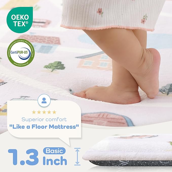 1.3" Thick Educational Baby Floor Play Mat 59x 71, Basic Padded Memory Foam Mat, Non-Slip Plush Playmat for Nursery Playroom Classroom (Community)