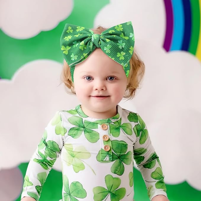 7” St Patricks Baby Girls Bows Shamrock Clover Headbands Green Leaves Tied Bows Hairbands St Patricks Day Hair Accessories Gift for Infant Baby Girls