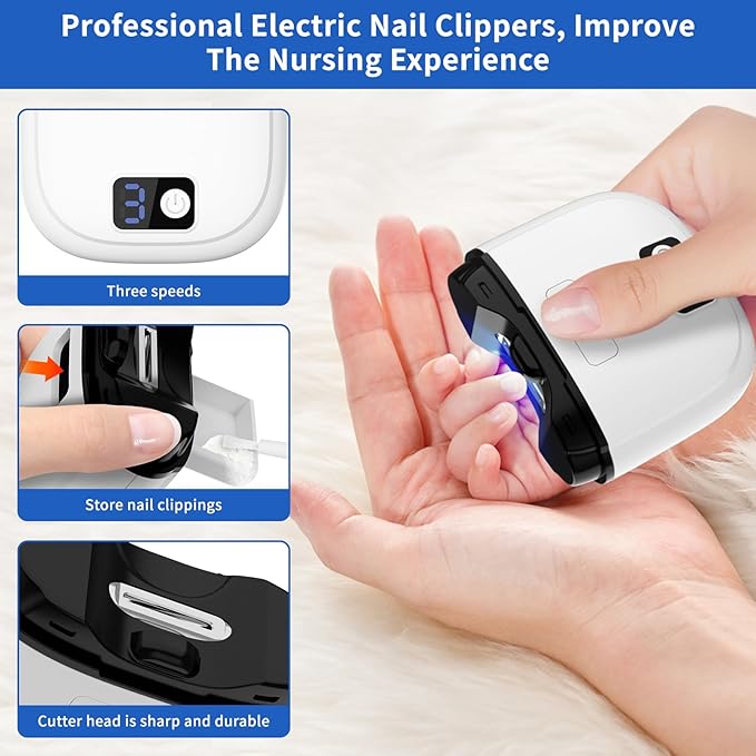 Electric Nail Clippers for Seniors,3 Speed Gears Adjustable with LED Light,Electric Toenail Clippers for Seniors,Nail Clip Storage,Safety Fingernail Trimmer for Baby,Kids,Seniors