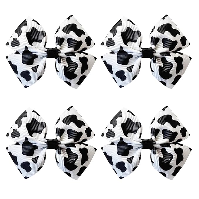 Cow Print Hair Bow Clips for Girls,Cute Moo Cow Hair Barrettes Hand-made Grosgrain Ribbon Hair Bows Pink Cow Bow Alligator Clips Hair Accessories for Toddlers Baby Little Girls Kids Teens (4Pcs Black)