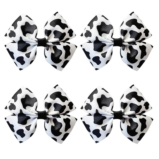 Cow Print Hair Bow Clips for Girls,Cute Moo Cow Hair Barrettes Hand-made Grosgrain Ribbon Hair Bows Pink Cow Bow Alligator Clips Hair Accessories for Toddlers Baby Little Girls Kids Teens (4Pcs Black)