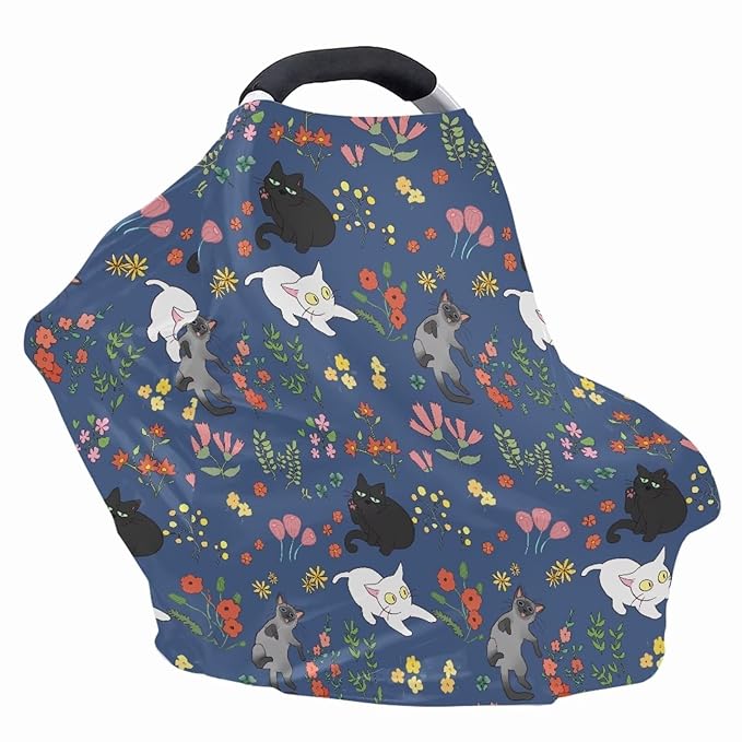 AFPANQZ Cat Floral Stretchy Baby Car Seat Covers for Boys Girls Infant Car Canopy Spring Autumn Winter Snug Warm Breathable Windproof Open Peep Top Universal Fit