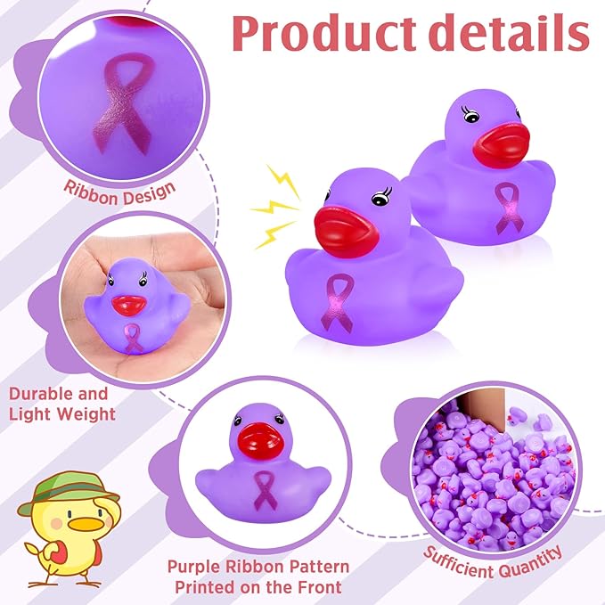 Lunmon 200 Pcs Purple Rubber Ducks Alzheimers Awareness Ribbon Bath Duck Float Mini Bath Toys Bulk Pancreatic Cancer Domestic Violence Awareness Products for Charity Event Supplies