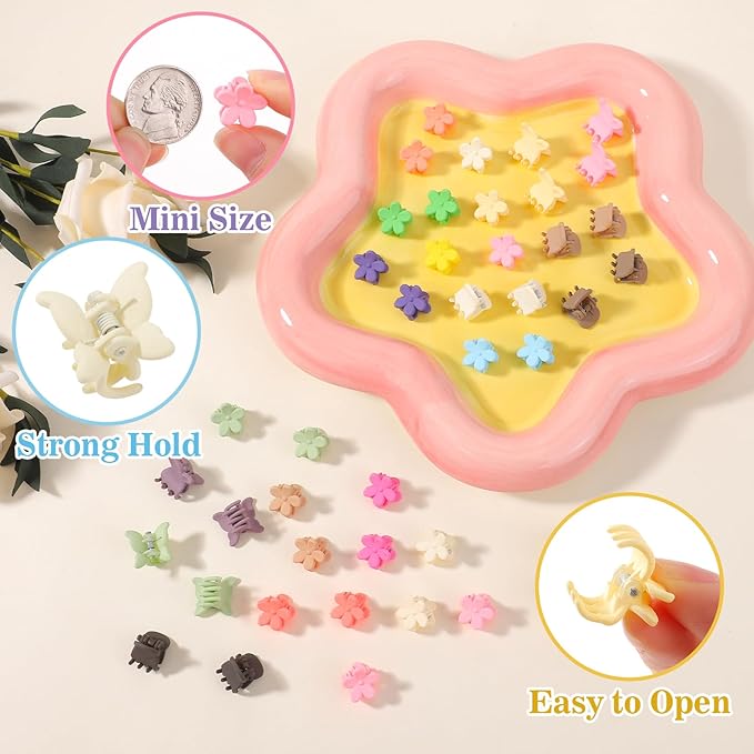 choicbaby 128pcs Baby Girls Hair Clips 3 Styles Mini Claw Clips Small Flower Butterfly Claw Jaw Hair Clips Hair Barrettes Accessories for Women Girls Kids Teens with Organizer Box