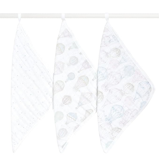 aden + anais Organic Oversized Washcloth 3-Pack, Super Soft 100% Organic Cotton Muslin, Gentle on Skin, 3 Absorbent 12x12 Layers, Softer with Every Use, for Babies Infants Toddlers, Above The Clouds