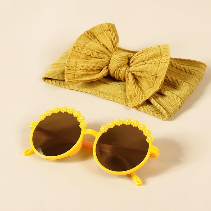 Baby Girls Soft Bows Headband and Daisy Flower Sunglasses Set Hair Bow Headwrap Hair Accessories for Toddler Infant