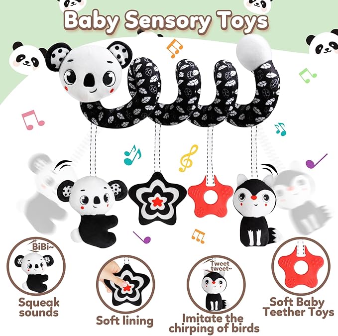 GKDOMS Baby Carseat Toy Black & White Rattle Spiral Hanging Activity Stroller Toy for Newborns Boys and Girls - Koala