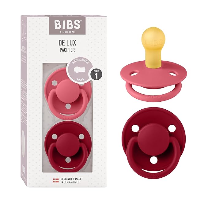 BIBS De Lux Baby Pacifier 2-Pack | Made in Denmark | BPA Free Dummy Soother, Round Nipple. Natural Rubber Latex, Size 1 (0-6 Months), Coral/Ruby