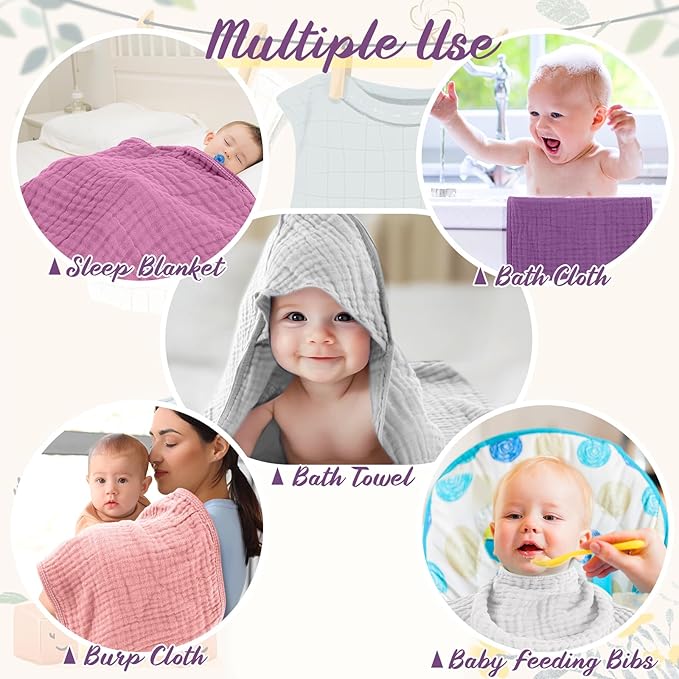 VitalCozy 12 Pcs Baby Muslin Hooded Bath Towels and Washcloths, Muslin Hooded Baby Towels Absorbent Blankets for Gift Newborn Infant Shower (Pink Purple Series)