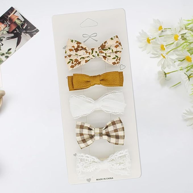 Baby Hair Clips Set – Gentle Girls Hair Bows with Floral, Lace & Plaid Patterns, Fully Wrapped Duckbill Toddler Hair Clips(5-Pack)