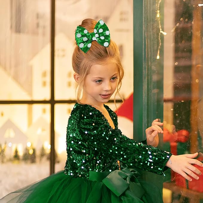 Hair Clip - St. Patrick's Day Sequins Bow, Green Dot, Alligator, for Girls Costume Hair Accessories, 1 Count