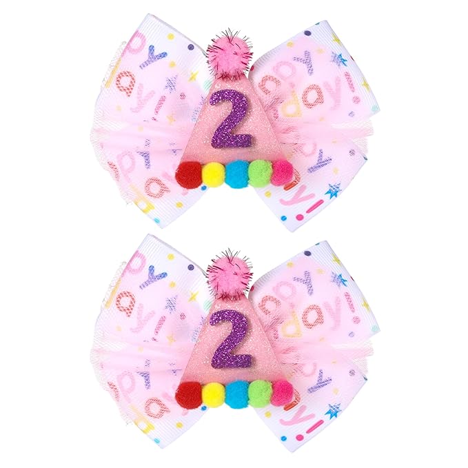 2Pcs Birthday Hair Bow for Baby Girls 1 2 3 4 5 6 Years, Pink Confetti Ice Cream Party Decorations, Sparkling Bows Hair Accessories for 2nd Birthday