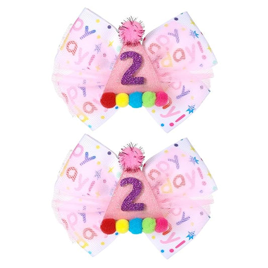 2Pcs Birthday Hair Bow for Baby Girls 1 2 3 4 5 6 Years, Pink Confetti Ice Cream Party Decorations, Sparkling Bows Hair Accessories for 2nd Birthday
