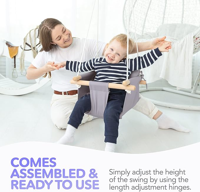 CaTeam - Canvas Baby Swing, Wooden Hanging Swing Seat Chair with Safety Belt, Durable Baby Swing Chair, Outdoor and Indoor Swing for Kids, Mounting Hardware Included, Taupe Gray