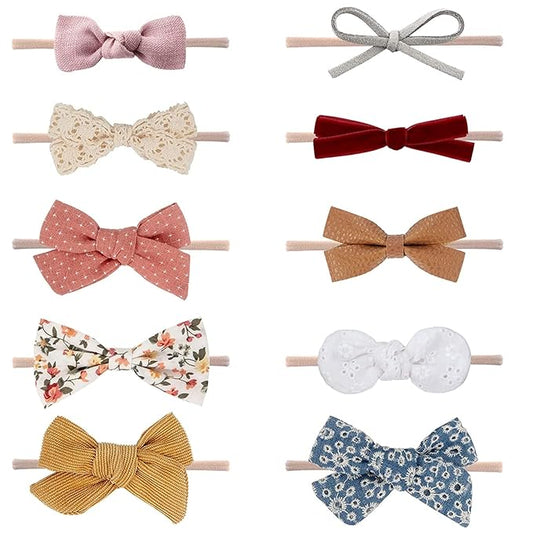 BQUBO Baby Girl Headbands with Bows Nylon Hairbands Handmade Hair Accessories for Newborn Infant Toddlers 10 Pack