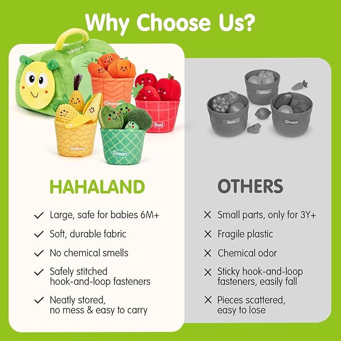 hahaland Montessori Toys for 1 Year Old - 17 PCS My First Fruit Vegetable Sensory Toys Color Sorting Plush Play Food with Caterpillar Storage Bag, 6 9 Month Old Baby Toys 6-12 Months One Year Old Gift