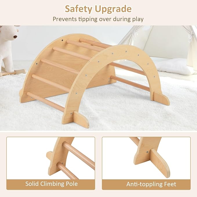 INFANS Wooden Arch Climber Rocker with Soft Cushion, 6 in 1 Montessori Climbing Toys for Toddlers, Waldorf Indoor Table Baby Children Ladder Gym Learning Playset for Kids (Natural with Desktop)