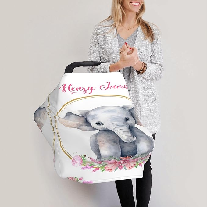 Personalized Car Seat Covers with Name, Elephant Baby Canopy Carrier Cover, Breathable Breastfeeding Nursing Cover, Stretchy Multi-Use Infant Carseat Stroller Cover