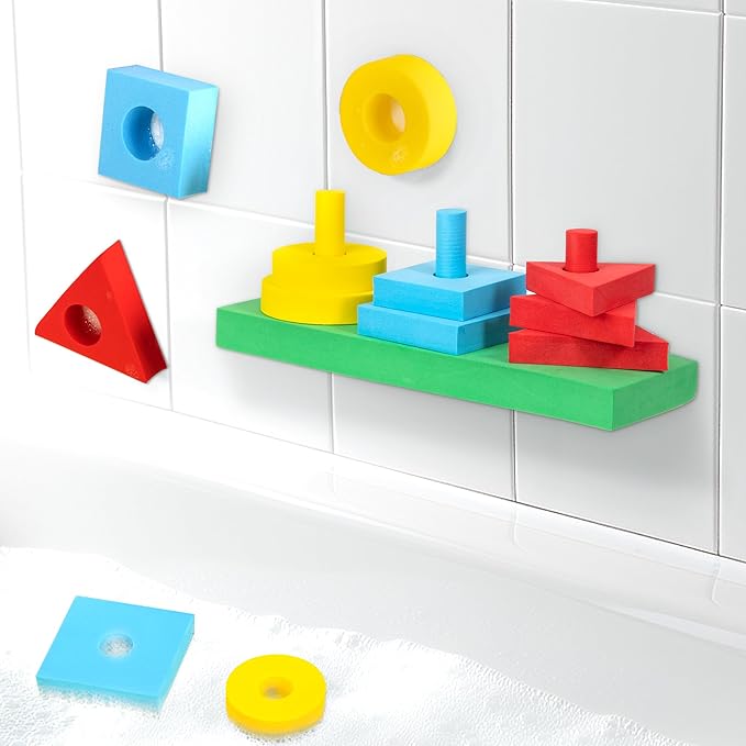 GiftAmaz 3-in-1 Bath Toys for Toddlers 1-3, Mold Free Foam Sorting & Stacking Sensory Toys - Suction Cup, Shape Color Size Learning Water Toy, Montessori Baby Bathtub Wall Toy for Kids Ages 1-3 2-4