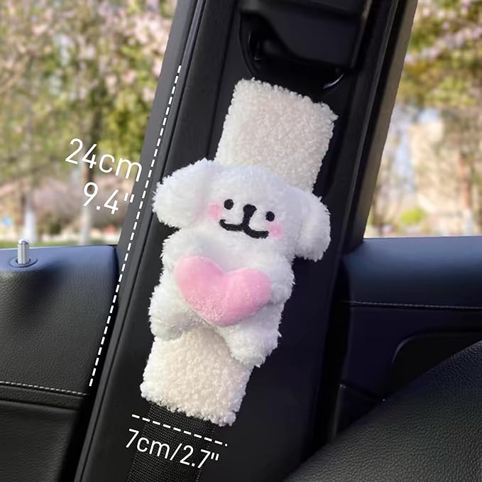 2 PCS Seat Belt Cover Pad, Cute Kawaii Animal Dog Seatbelt Covers for Kids and Women, Winter Plush Fluffy Soft Seat Belt Cover, Cartoon Seatbelt Cushion,Car Seat Strap Pads (B-Dog)