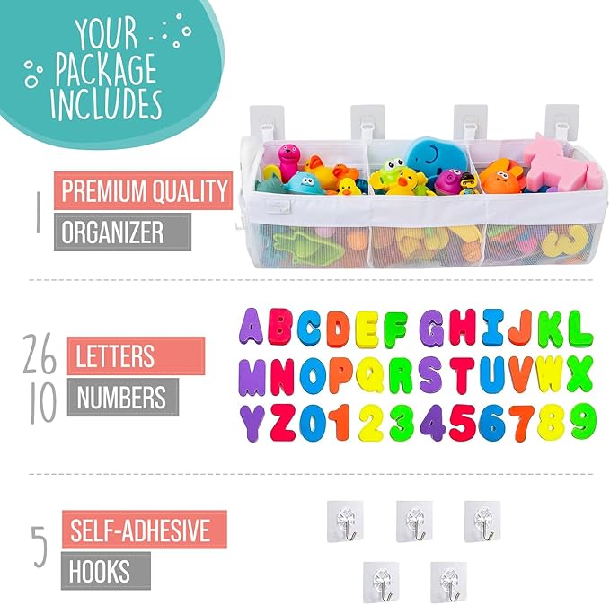 Comfylife Large Bath Toy Organizer with Letters and Numbers – 3 Compartment Bath Toy Holder for Bathtub & Shower – Quick-Dry Mesh with 4 Strong Adhesive Hooks