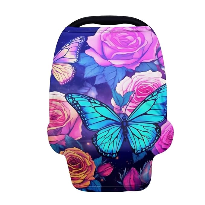 HUIACONG Colorful Rose Butterfly Nursing Cover for Baby Car Seat Seat Cover for Boys Girls Breastfeeding Scarf Carseat Cover for Shopping Cart, High Chair Canopy