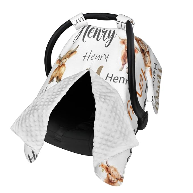 Personalized Baby Car Seat Canopy with Name Custom Minky Highland Cow Car Seat Covers Nursing Cover for Breastfeeding Multi-Use Cover Infant Carrier Carseat Winter Cover for Newborn Girls Boys