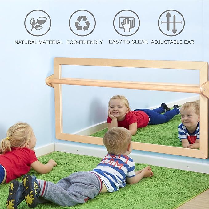 3-Position Montessori Wood Frame Non-Shatter Safety Pull Up Bar Baby Big Mirror Set, Infant Coordination Mirror, Kids Classroom Furniture for Daycare, Homeschool or Preschool