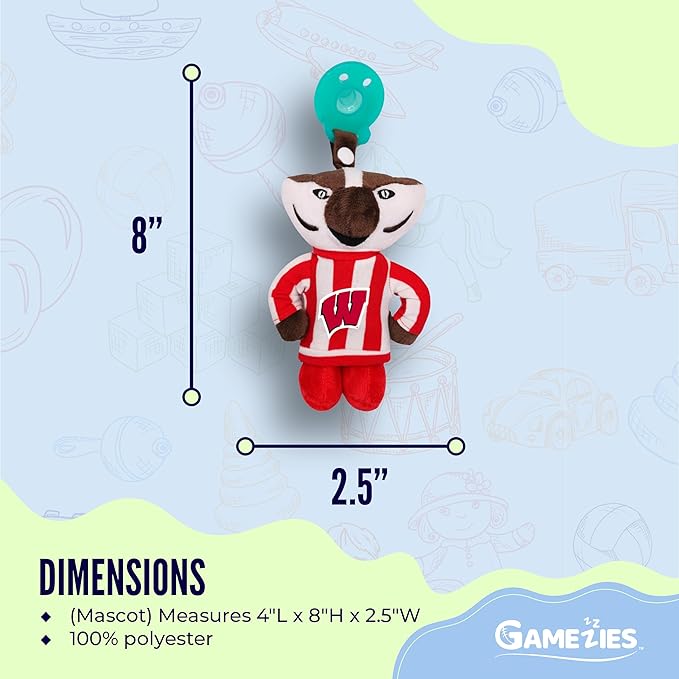 Gamezies Baby Boy and Girl Silicone University of Wisconsin Collegiately Licensed, Madison Bucky Badger Mascot Plush Pacifier CPSIA Tested, Removable, Washable Plush Toy BPA-Free 0-6 Months