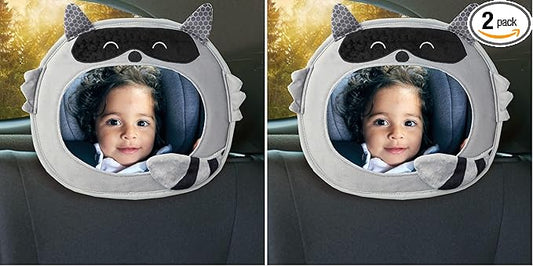 Diono Easy View Racoon Character Baby Car Mirror, Safety Car Seat Mirror for Rear Facing Infant, Fully Adjustable, Wide Crystal Clear View, Shatterproof, Crash Tested (Pack of 2)